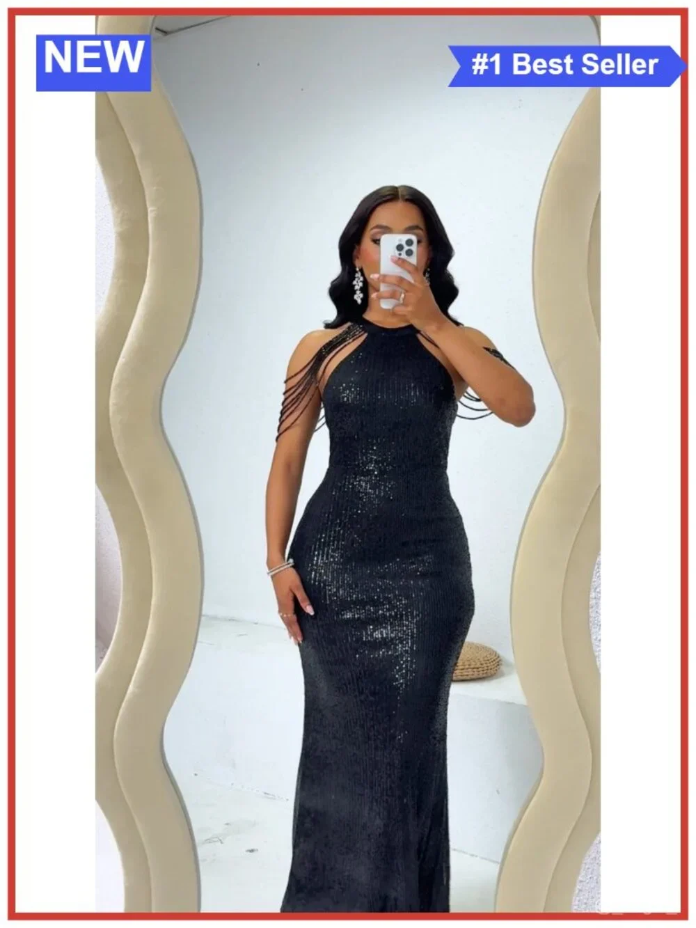 Sequined Halter Tassel Mermaid Formal Maxi Dress Evening Gown
